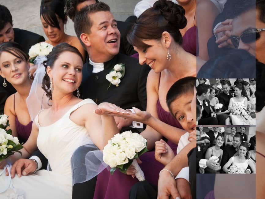 Candid Wedding Collage: Joyful Bride, Groom, and Guests Laughing